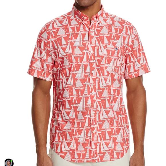 Vineyard Vines Mens Boat Print Tucker Slim Fit Short Sleeve Button Down Shirt M - Picture 1 of 4